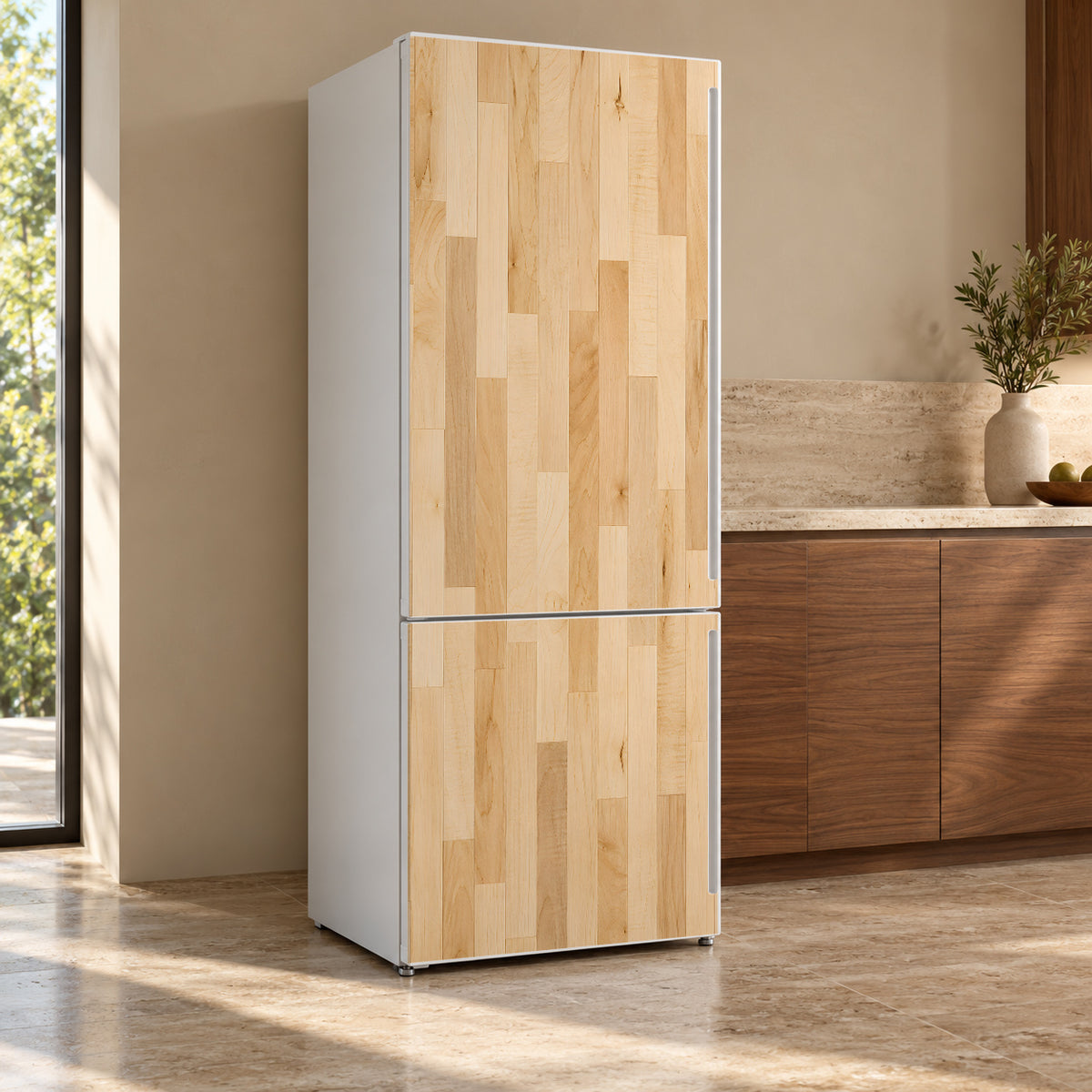 Maple Butcher Block fridge wrap, refrigerator shown at an angle