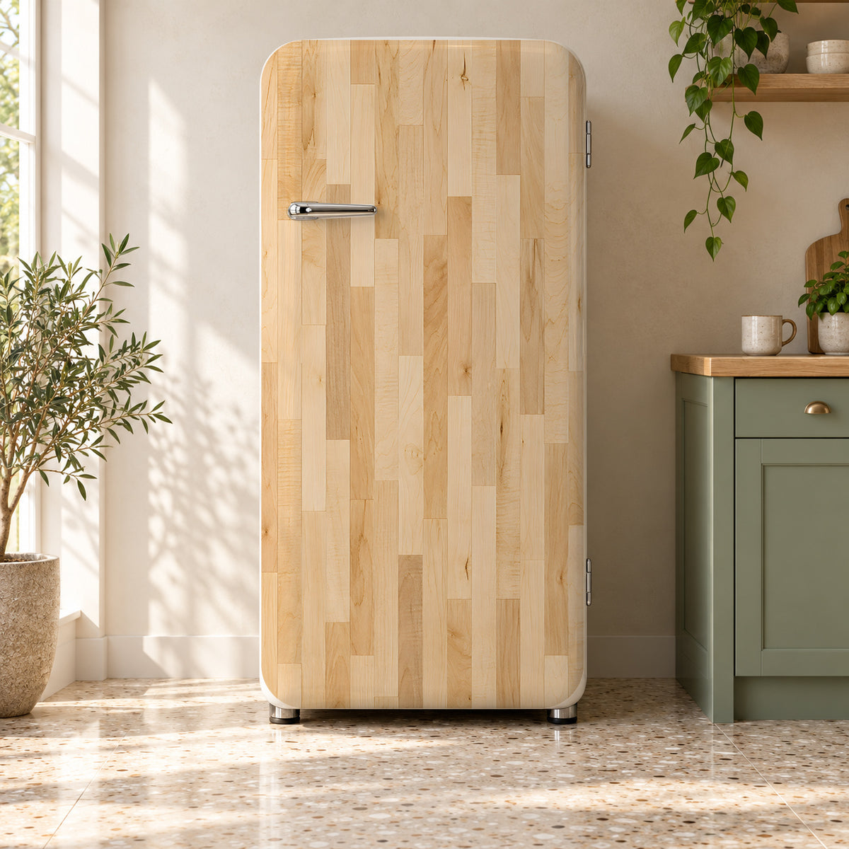 Maple Butcher Block fridge wrap on a retro refrigerator