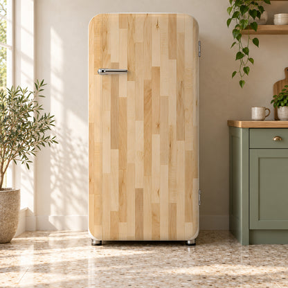 Maple Butcher Block fridge wrap on a retro refrigerator