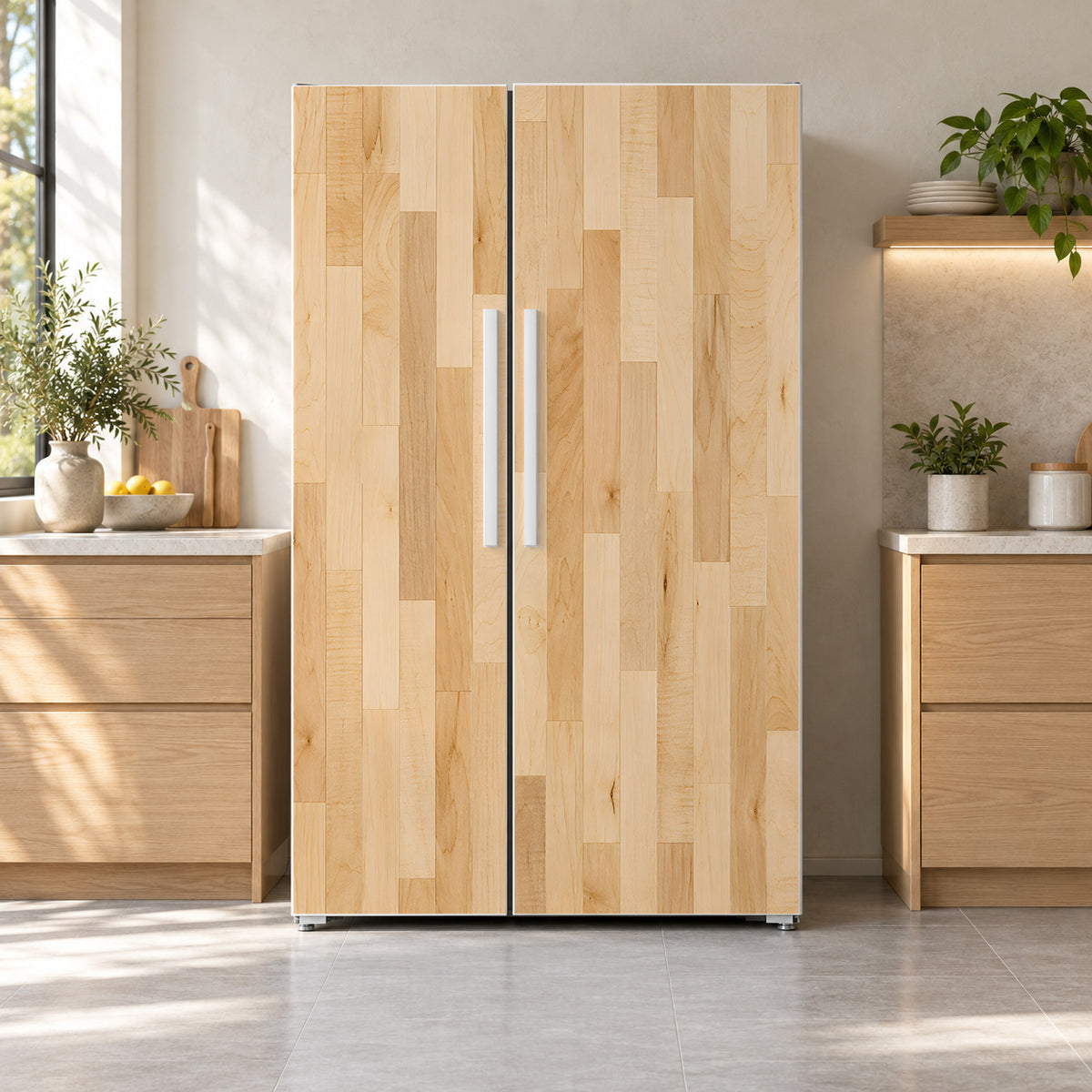 Maple Butcher Block fridge wrap on a side-by-side refrigerator