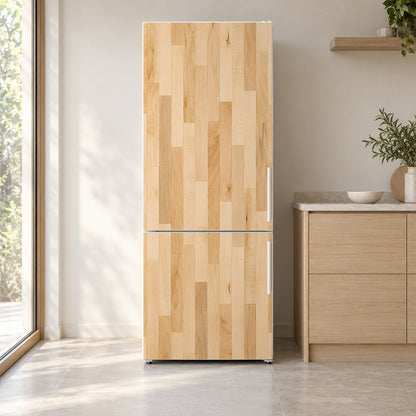 Maple Butcher Block fridge wrap on a white refrigerator in a bright kitchen