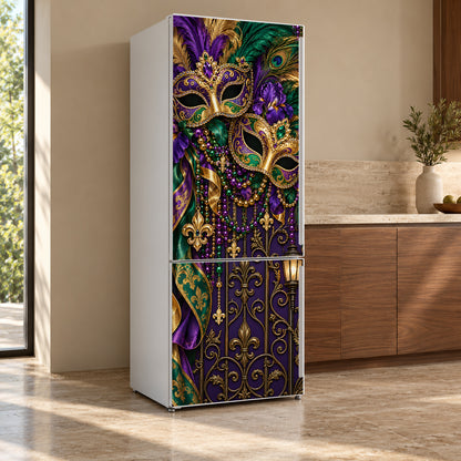 Mardi Gras fridge wrap, refrigerator shown at an angle