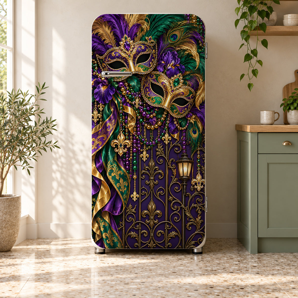 Mardi Gras fridge wrap on a retro refrigerator