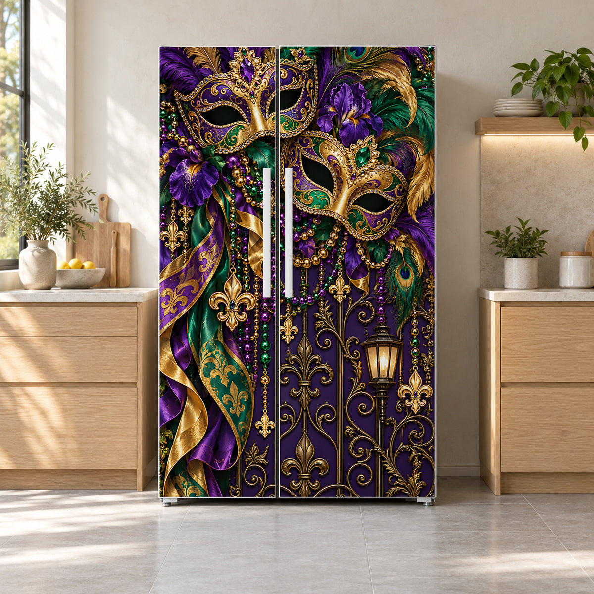 Mardi Gras fridge wrap on a side-by-side refrigerator