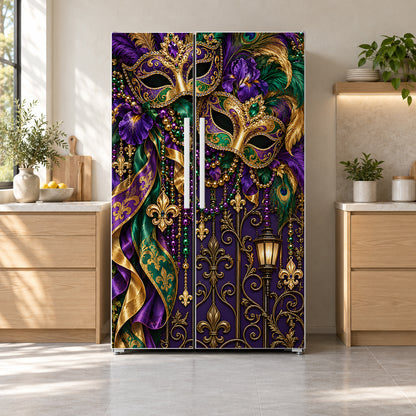 Mardi Gras fridge wrap on a side-by-side refrigerator