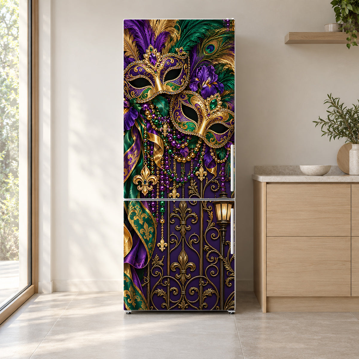 Mardi Gras fridge wrap on a white refrigerator in a bright kitchen