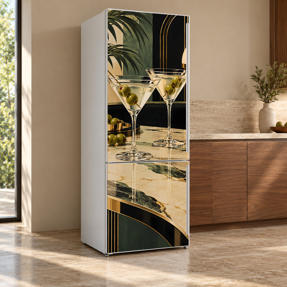 Martini & Olives fridge wrap, refrigerator shown at an angle