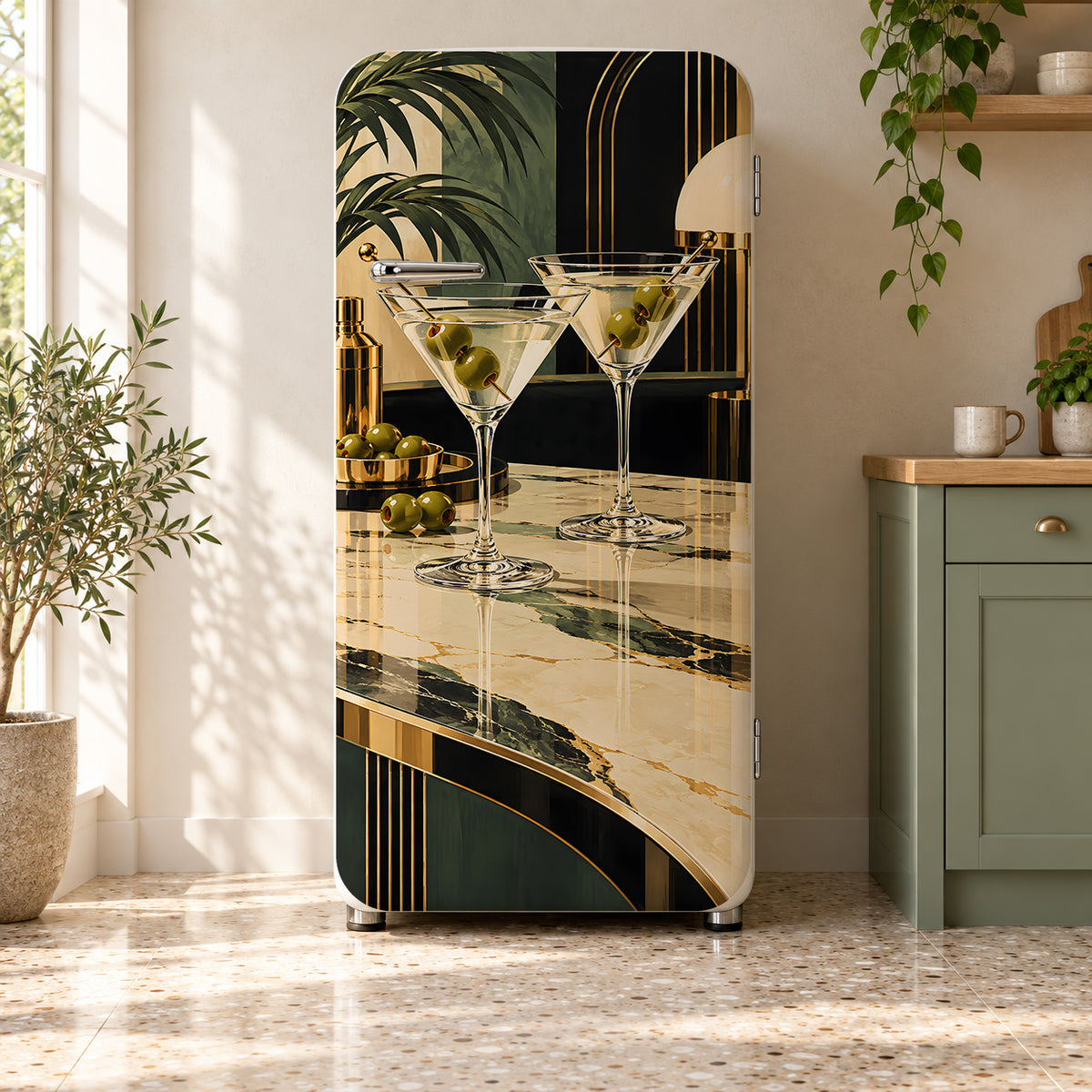 Martini & Olives fridge wrap on a retro refrigerator