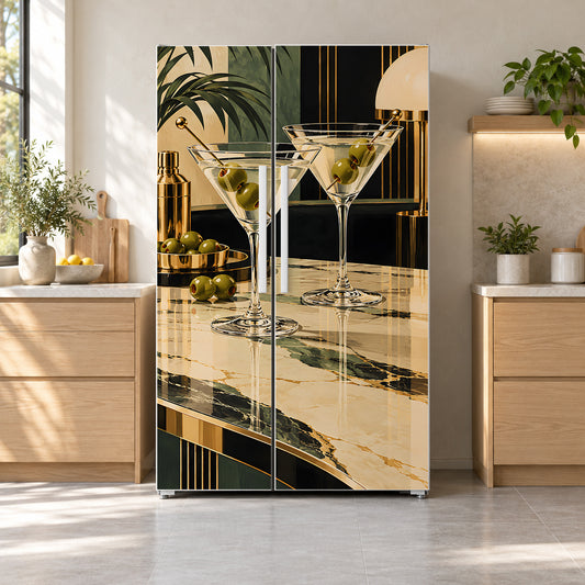 Martini & Olives fridge wrap on a side-by-side refrigerator