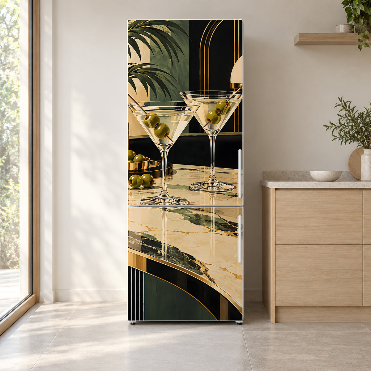 Martini & Olives fridge wrap on a white refrigerator in a bright kitchen