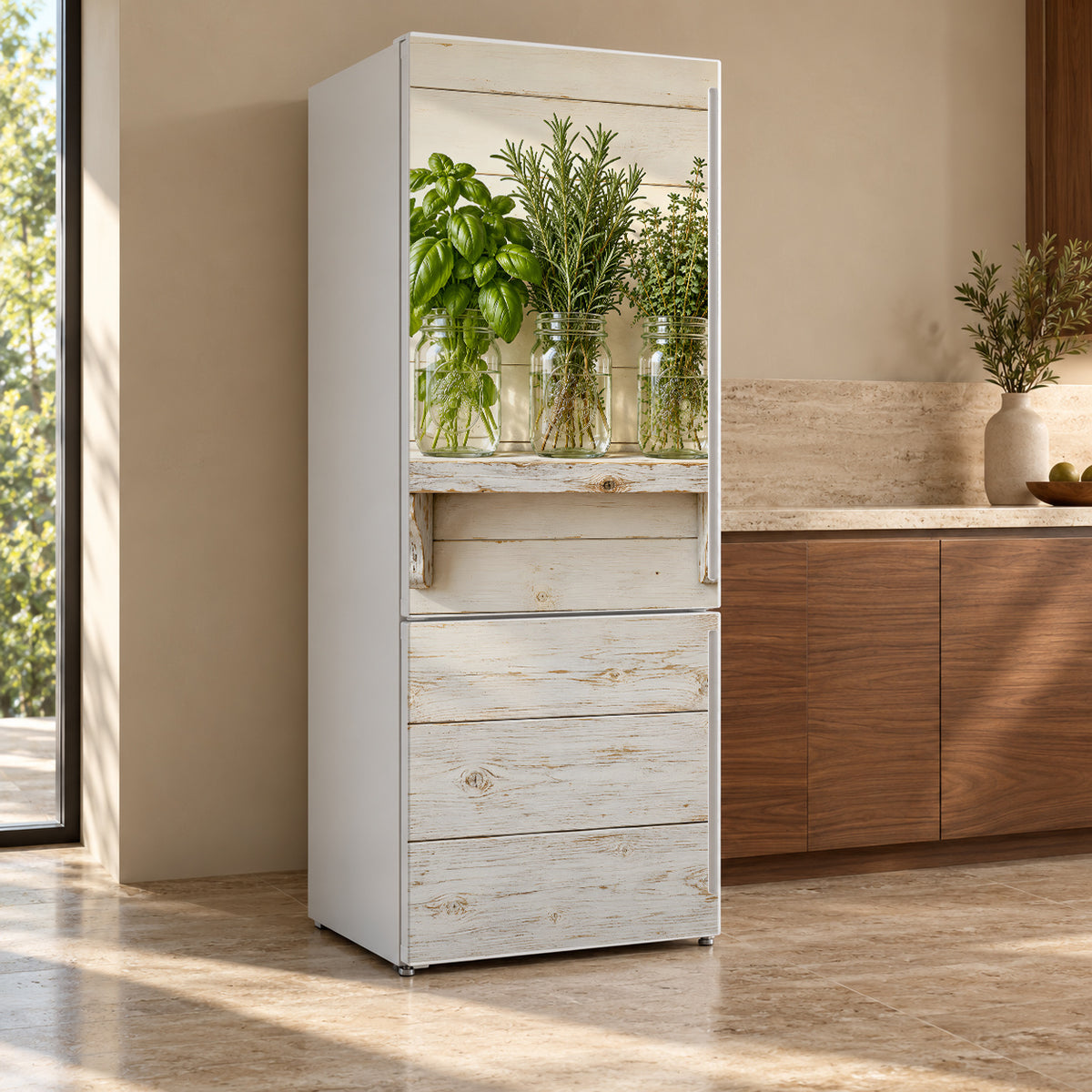 Mason Jar Herbs fridge wrap, refrigerator shown at an angle