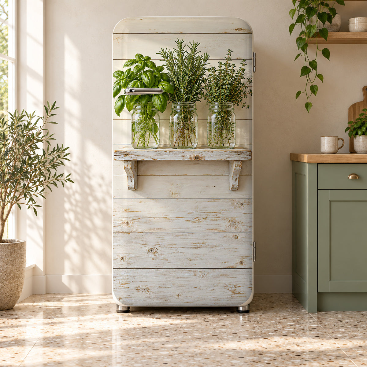 Mason Jar Herbs fridge wrap on a retro refrigerator