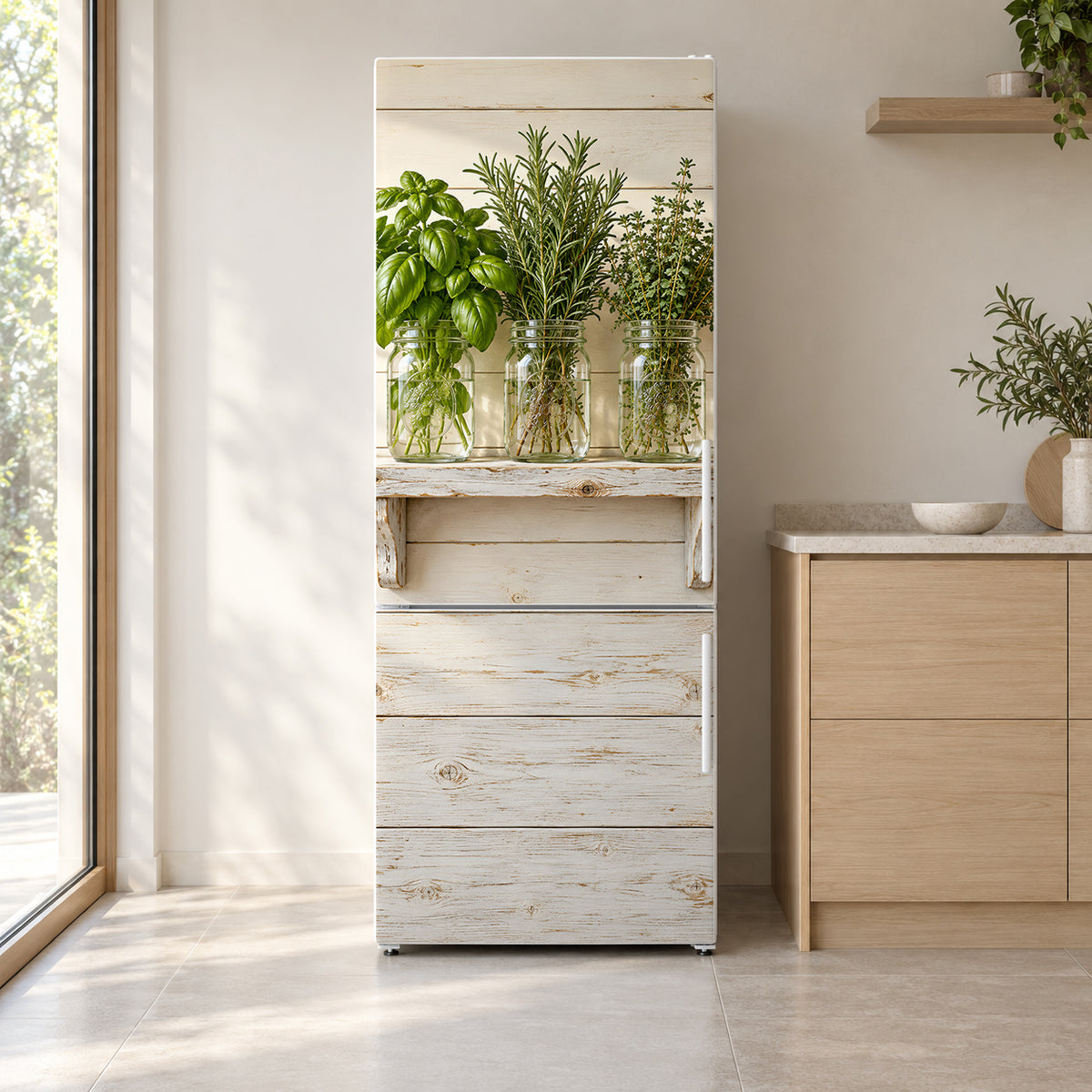Mason Jar Herbs fridge wrap on a white refrigerator in a bright kitchen