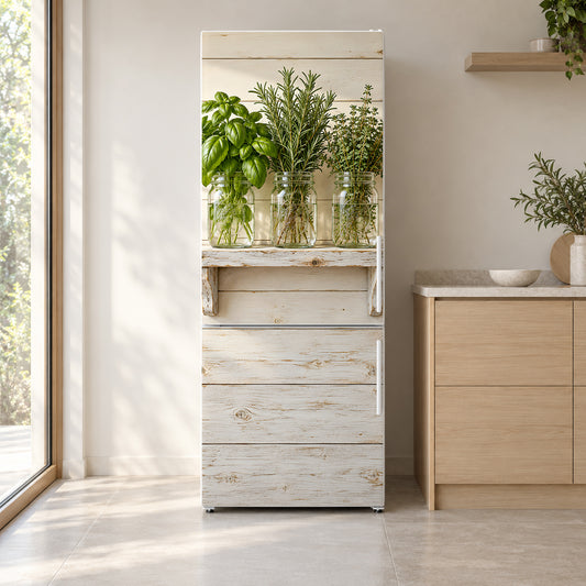 Mason Jar Herbs fridge wrap on a white refrigerator in a bright kitchen