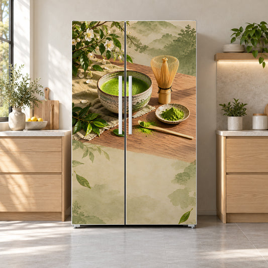 Matcha Tea fridge wrap on a side-by-side refrigerator