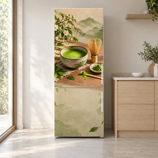Matcha Tea fridge wrap on a white refrigerator in a bright kitchen