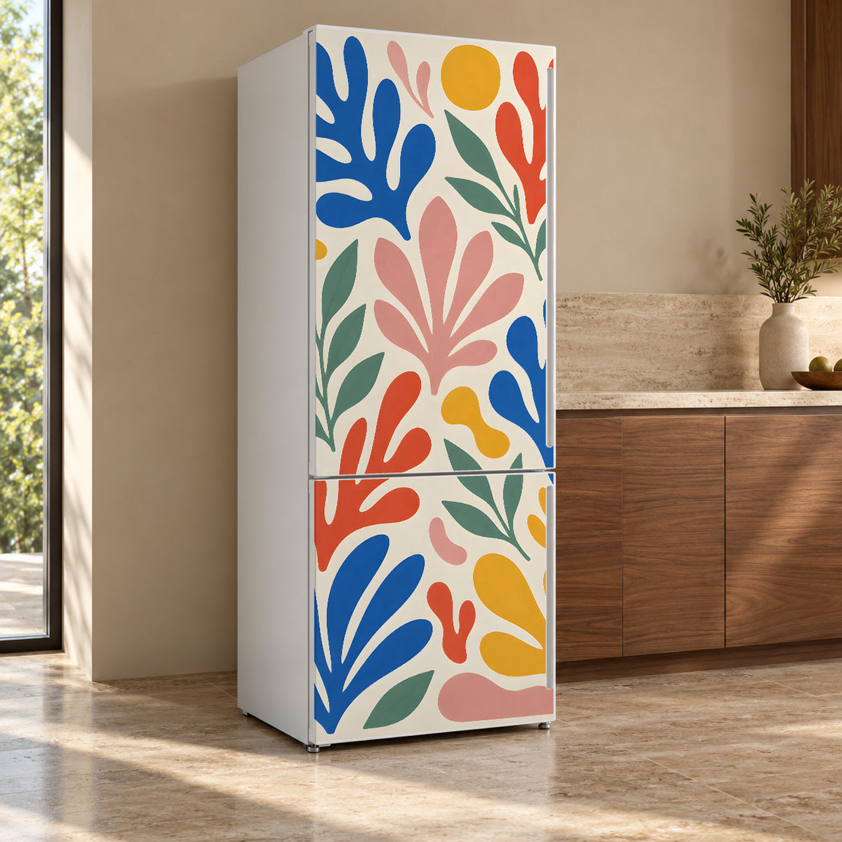 Matisse-Inspired Cut-Outs fridge wrap, refrigerator shown at an angle