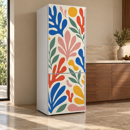 Matisse-Inspired Cut-Outs fridge wrap, refrigerator shown at an angle