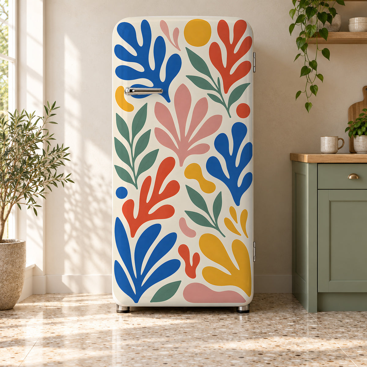 Matisse-Inspired Cut-Outs fridge wrap on a retro refrigerator