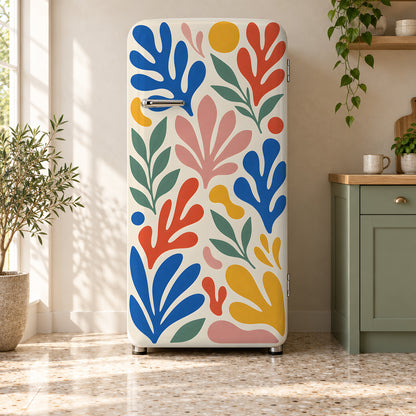 Matisse-Inspired Cut-Outs fridge wrap on a retro refrigerator