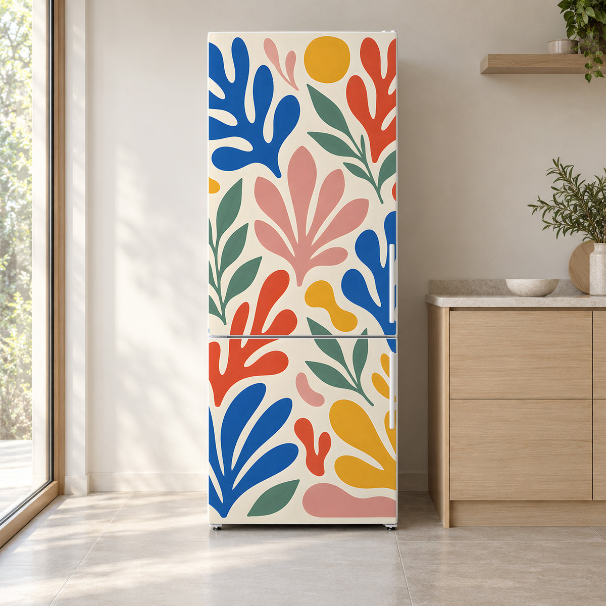 Matisse-Inspired Cut-Outs fridge wrap on a white refrigerator in a bright kitchen