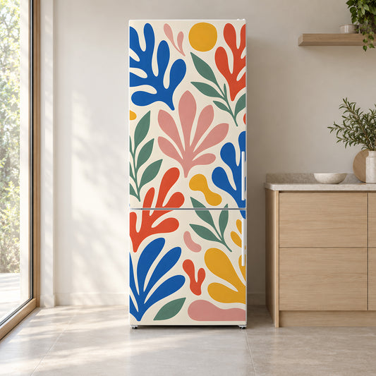 Matisse-Inspired Cut-Outs fridge wrap on a white refrigerator in a bright kitchen