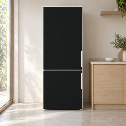 Matte Black fridge wrap on a white refrigerator in a bright kitchen