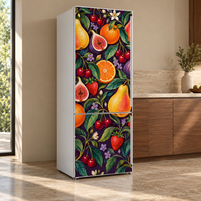 Maximalist Fruit fridge wrap, refrigerator shown at an angle