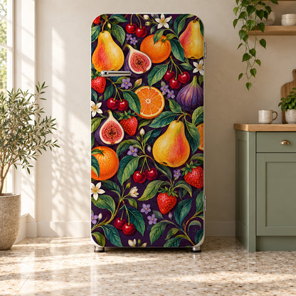 Maximalist Fruit fridge wrap on a retro refrigerator