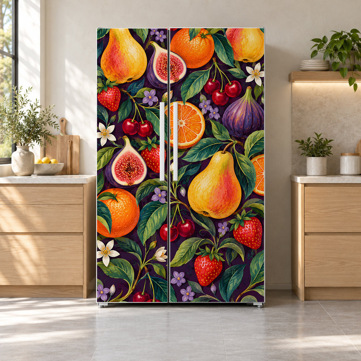 Maximalist Fruit fridge wrap on a side-by-side refrigerator