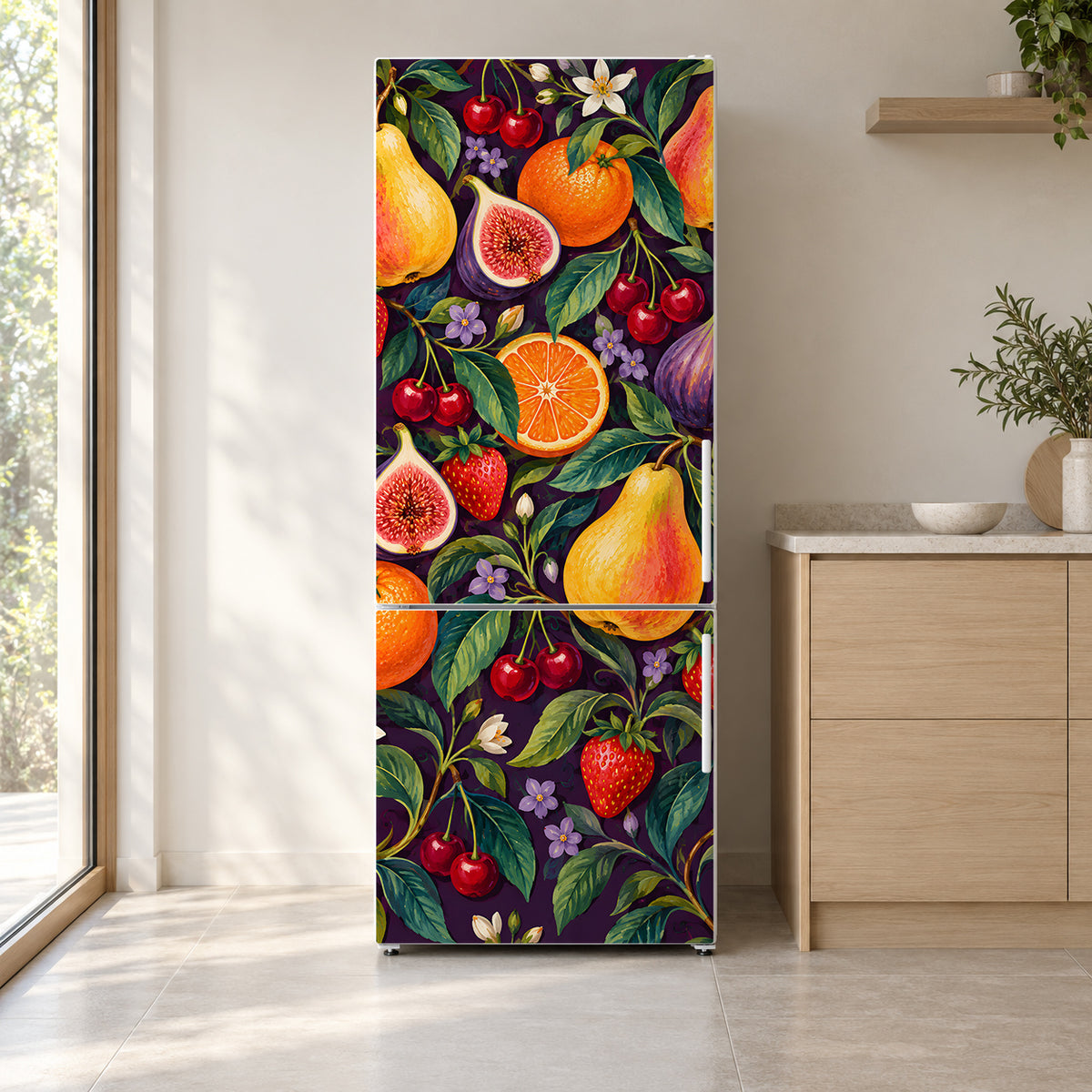 Maximalist Fruit fridge wrap on a white refrigerator in a bright kitchen