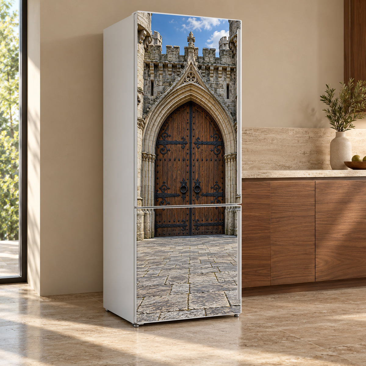 Medieval Castle Gate fridge wrap, refrigerator shown at an angle
