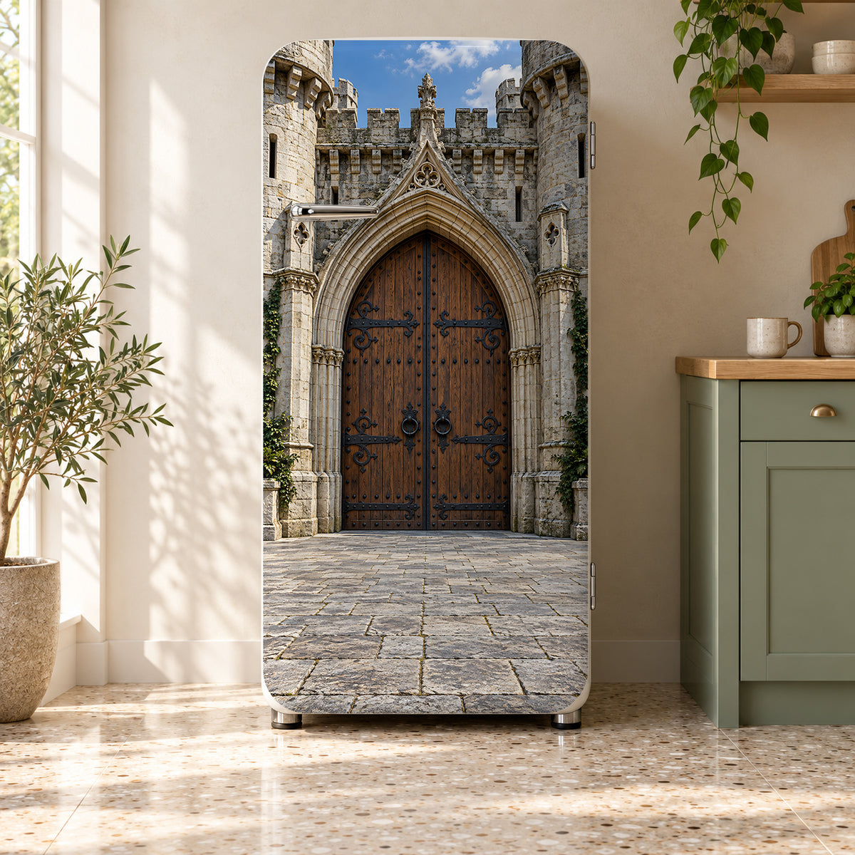 Medieval Castle Gate fridge wrap on a retro refrigerator