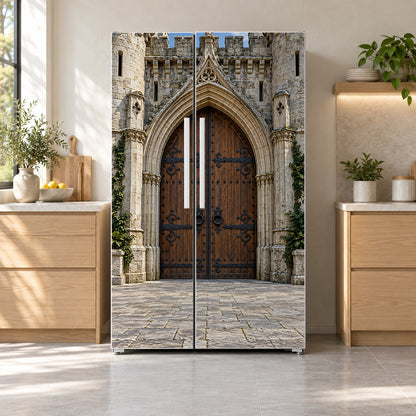 Medieval Castle Gate fridge wrap on a side-by-side refrigerator