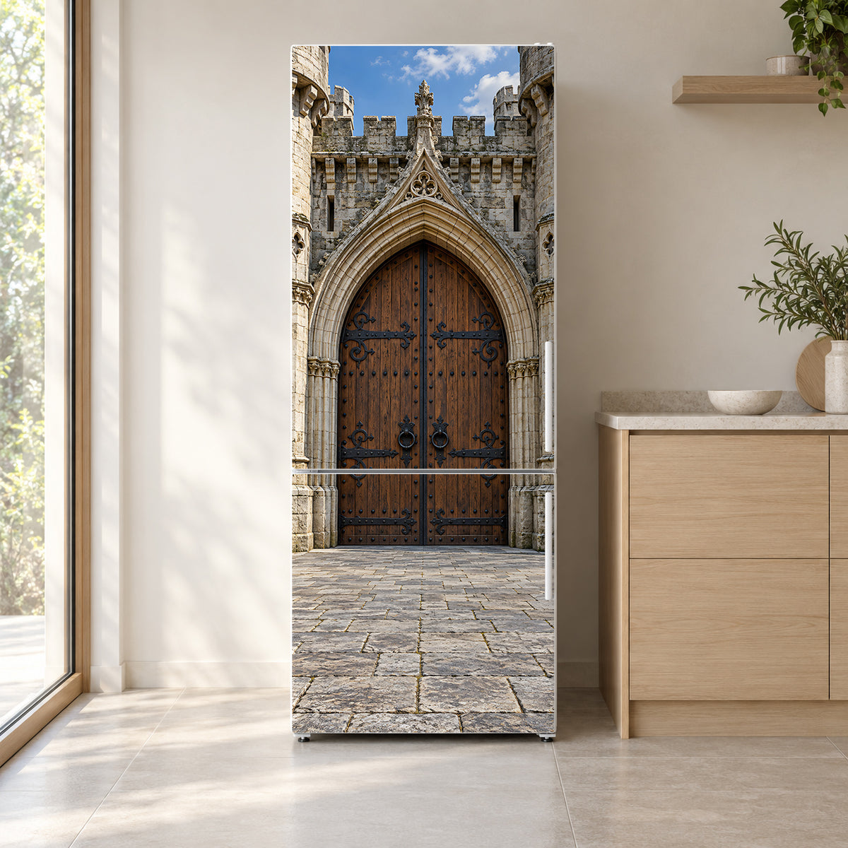 Medieval Castle Gate fridge wrap on a white refrigerator in a bright kitchen
