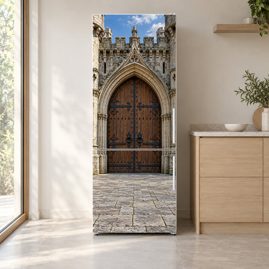 Medieval Castle Gate fridge wrap on a white refrigerator in a bright kitchen