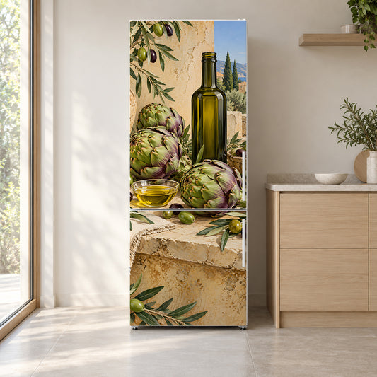 Mediterranean Artichokes & Olive Oil fridge wrap on a white refrigerator in a bright kitchen