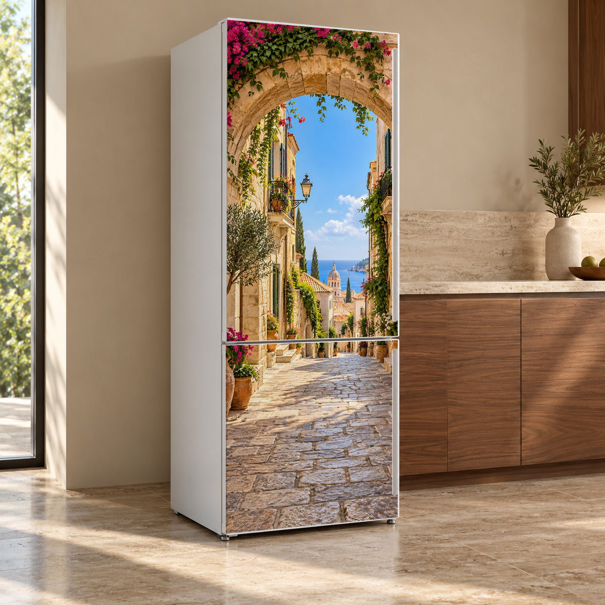 Mediterranean Street fridge wrap, refrigerator shown at an angle