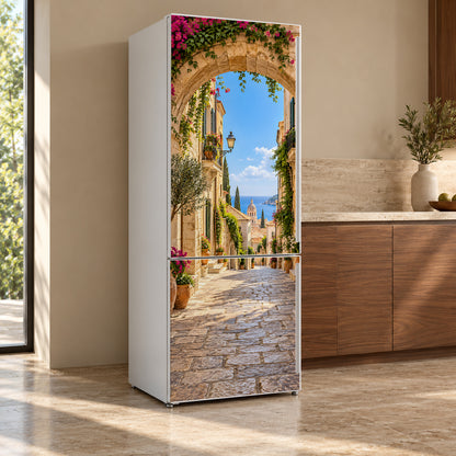 Mediterranean Street fridge wrap, refrigerator shown at an angle