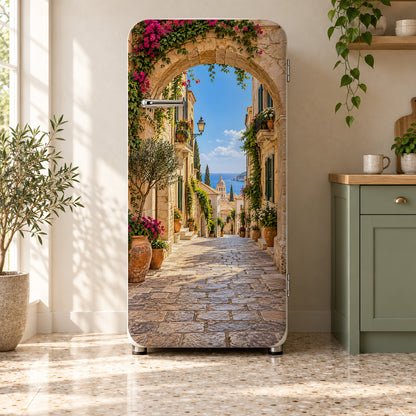 Mediterranean Street fridge wrap on a retro refrigerator