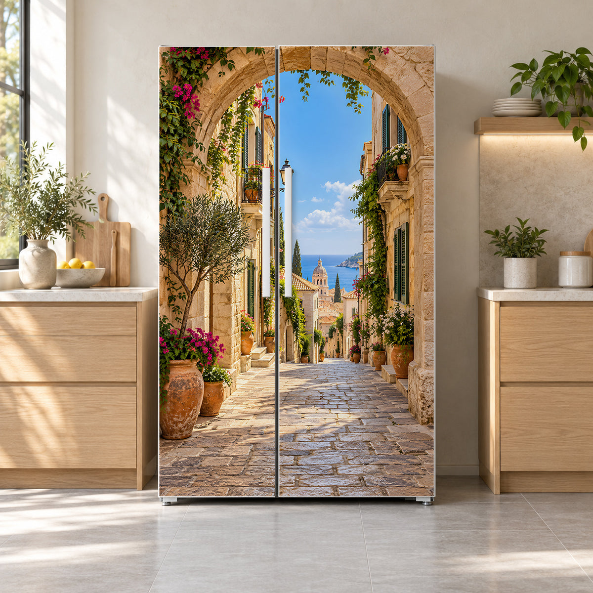 Mediterranean Street fridge wrap on a side-by-side refrigerator