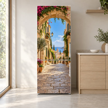 Mediterranean Street fridge wrap on a white refrigerator in a bright kitchen