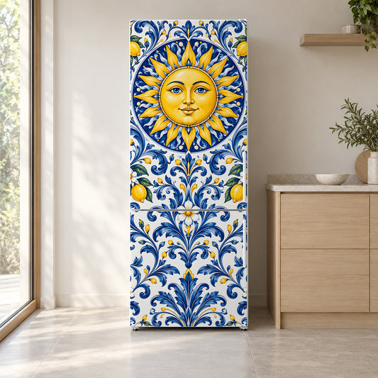 Mediterranean Sun Majolica fridge wrap on a white refrigerator in a bright kitchen