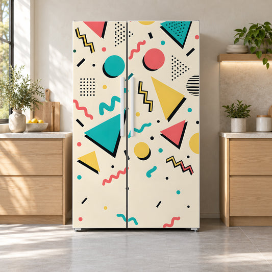 Memphis 80s Pattern fridge wrap on a side-by-side refrigerator
