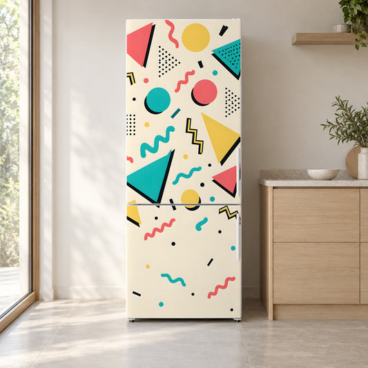 Memphis 80s Pattern fridge wrap on a white refrigerator in a bright kitchen