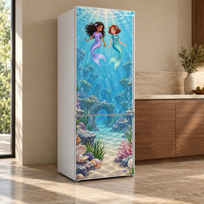 Mermaid Lagoon fridge wrap, refrigerator shown at an angle