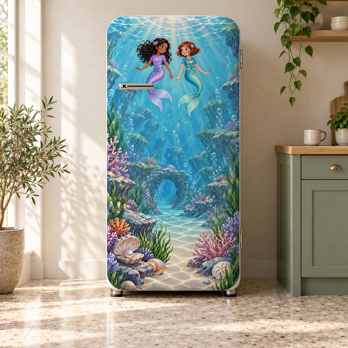 Mermaid Lagoon fridge wrap on a retro refrigerator