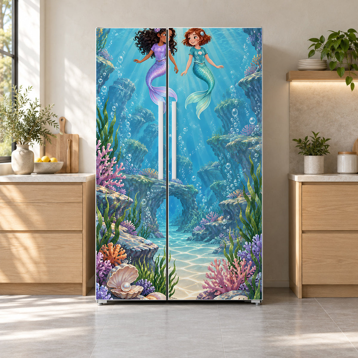 Mermaid Lagoon fridge wrap on a side-by-side refrigerator