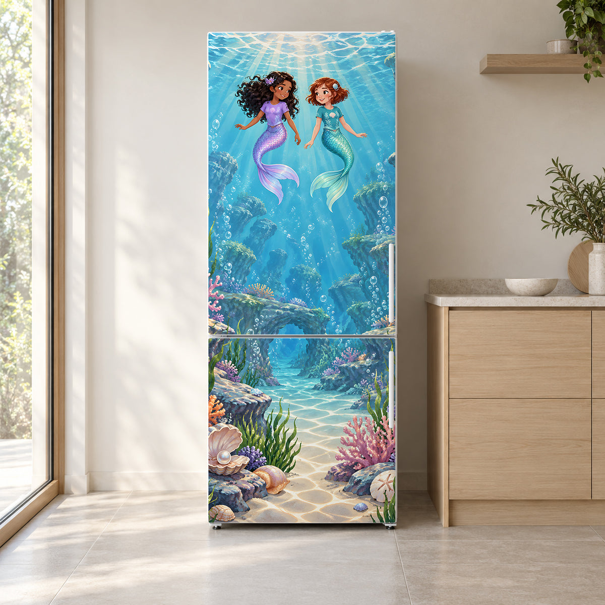 Mermaid Lagoon fridge wrap on a white refrigerator in a bright kitchen