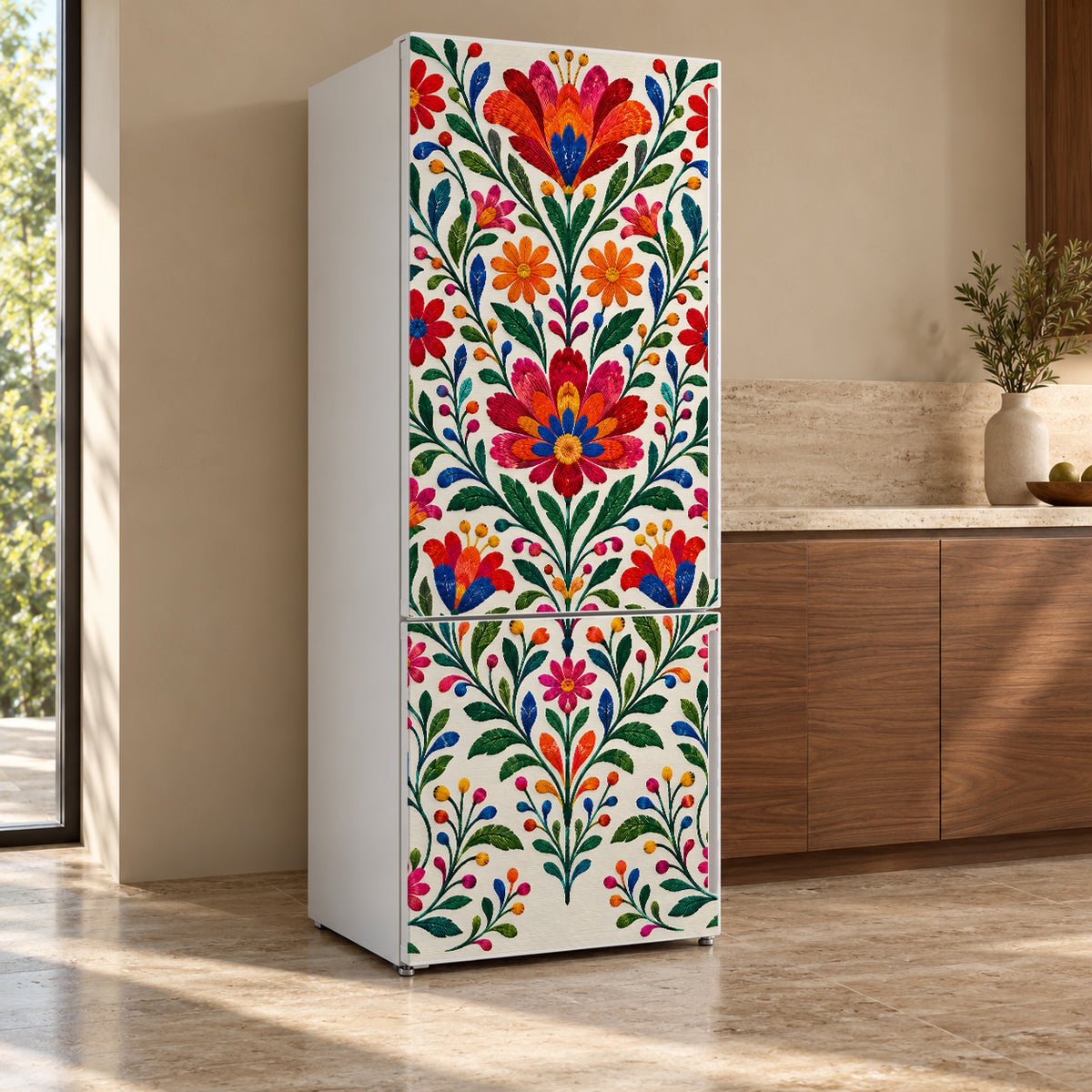Mexican Embroidery Florals fridge wrap, refrigerator shown at an angle